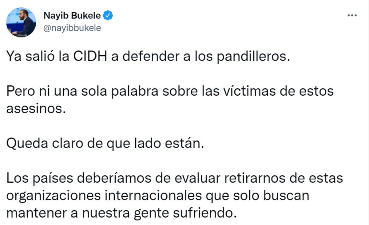 Nayib Bukele acusa a la CIDH de defender a pandilleros salvadoreños