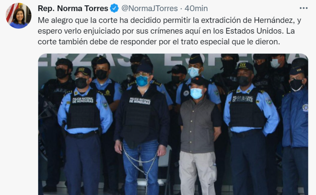 Norma Torres sobre extradición de JOH: “Espero verlo enjuiciado por sus crímenes en EEUU”