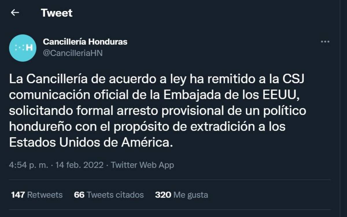 Cancillería confirma pedido de extradición de político hondureño