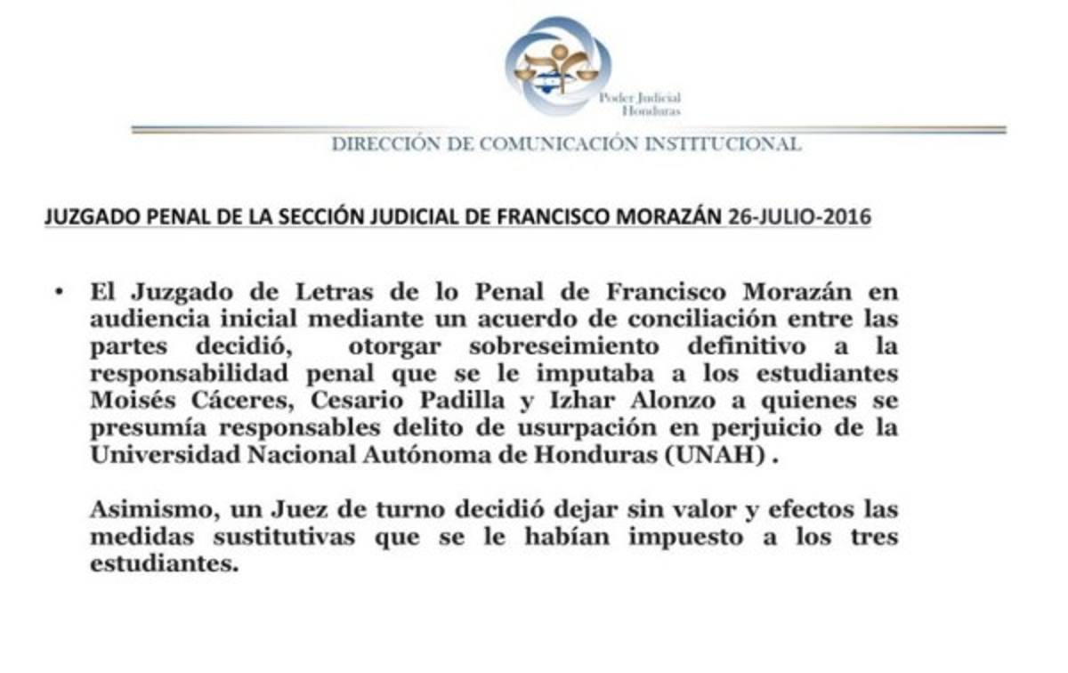 Comunicado oficial del Poder Judicial respecto a este caso.