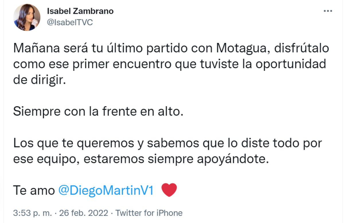 El romántico mensaje de Isabel Zambrano a Diego Vázquez tras su salida del Motagua