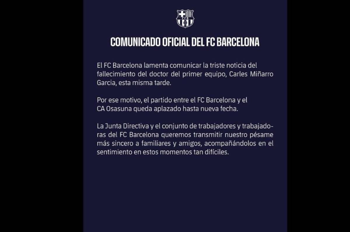 Carles Miñarro, médico del Barcelona que falleció antes de iniciar partido ante Osasuna Carles Miñarro, médico del Barcelona que falleció antes de iniciar partido ante Osasuna