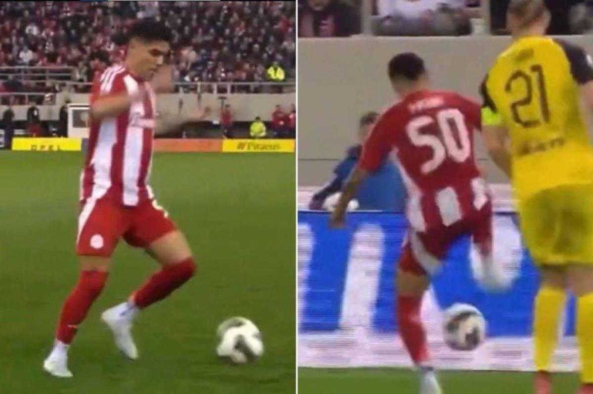 Luis Palma anota su primer gol con el Olympiacos y lo celebra frente a jugador mexicano