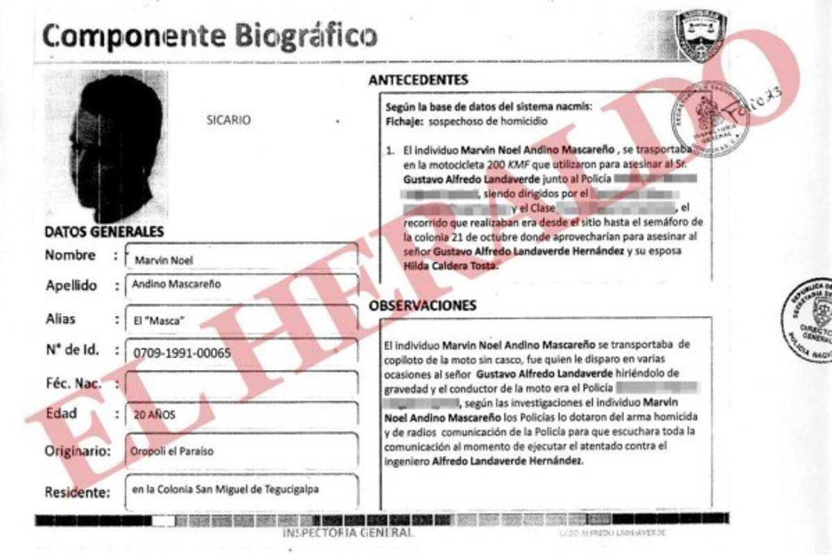 Imagen del componente biográfico de Marvin Andino Mascareño en poder de la Policía Nacional, foto: El Heraldo.
