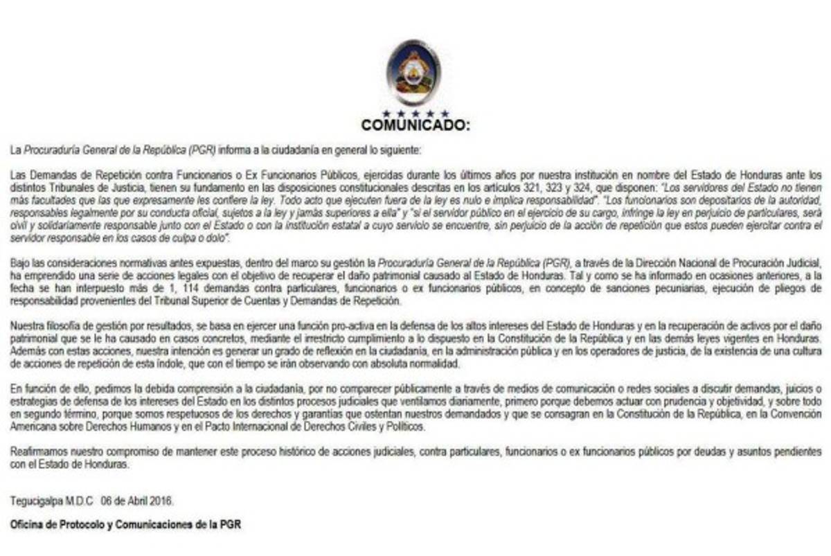Procuraduría reitera que expresidente Zelaya incurrió en una falta al despedir a Gabriela Núñez