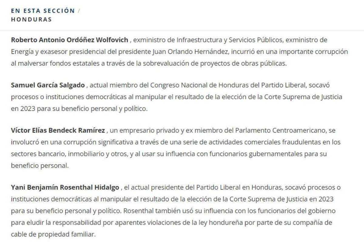 Departamento de Estado de EEUU divulga Lista Engel 2023 de funcionarios corruptos en Honduras