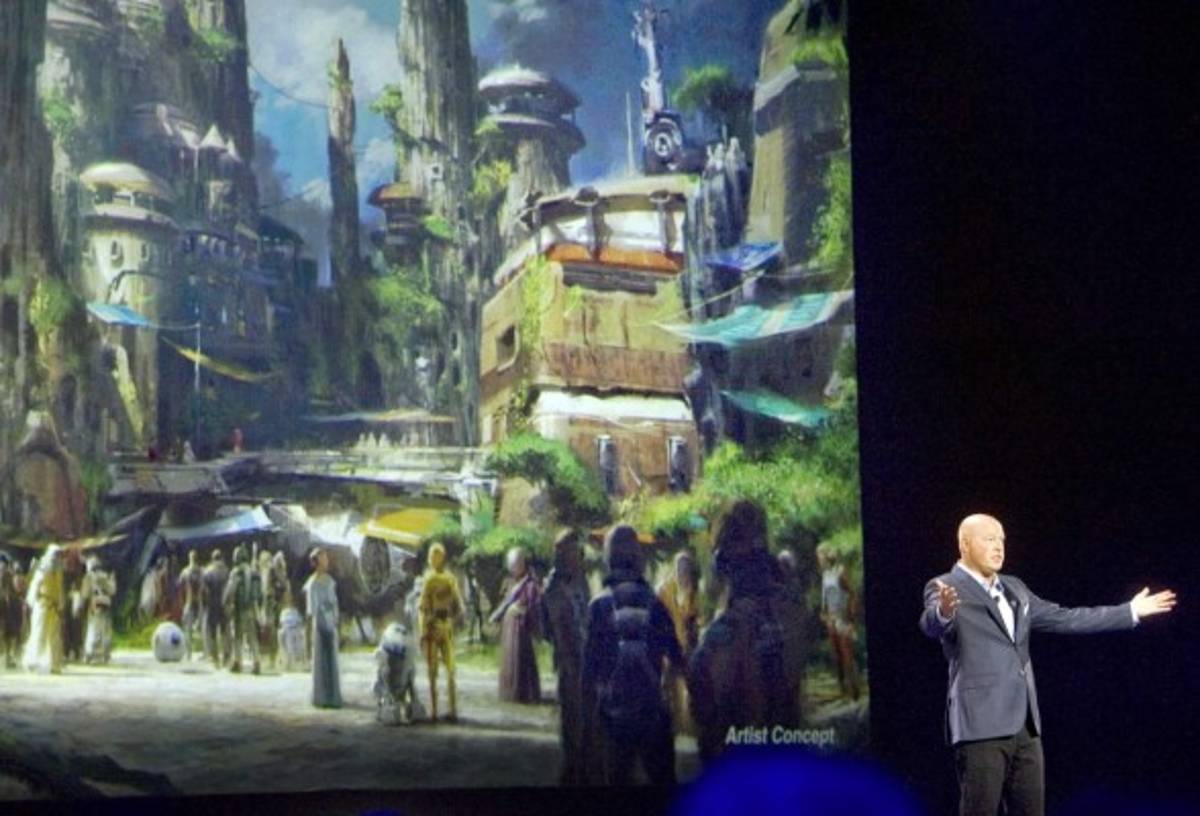 Concept art of the newly announced Star Wars Land at the D23 Expo in Anaheim, Calif., on Saturday, Aug. 15, 2015. Bob Chapek, chairman of Walt Disney Parks and Resorts, said that all the employees would be dressed as if they are characters in the Star Wars universe. (Mindy Schauer/The Orange County Register via AP)