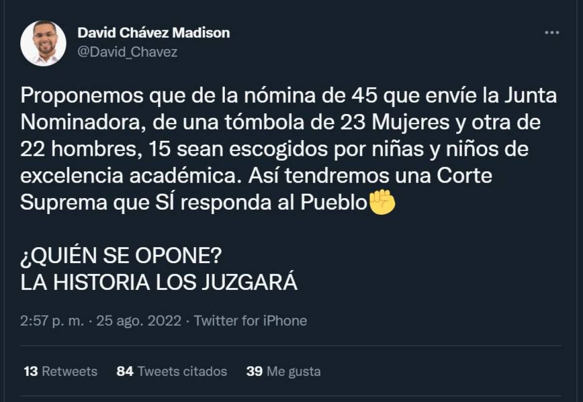 David Chávez propone que 15 niños elijan mediante una tómbola a los nuevos magistrados de la CSJ