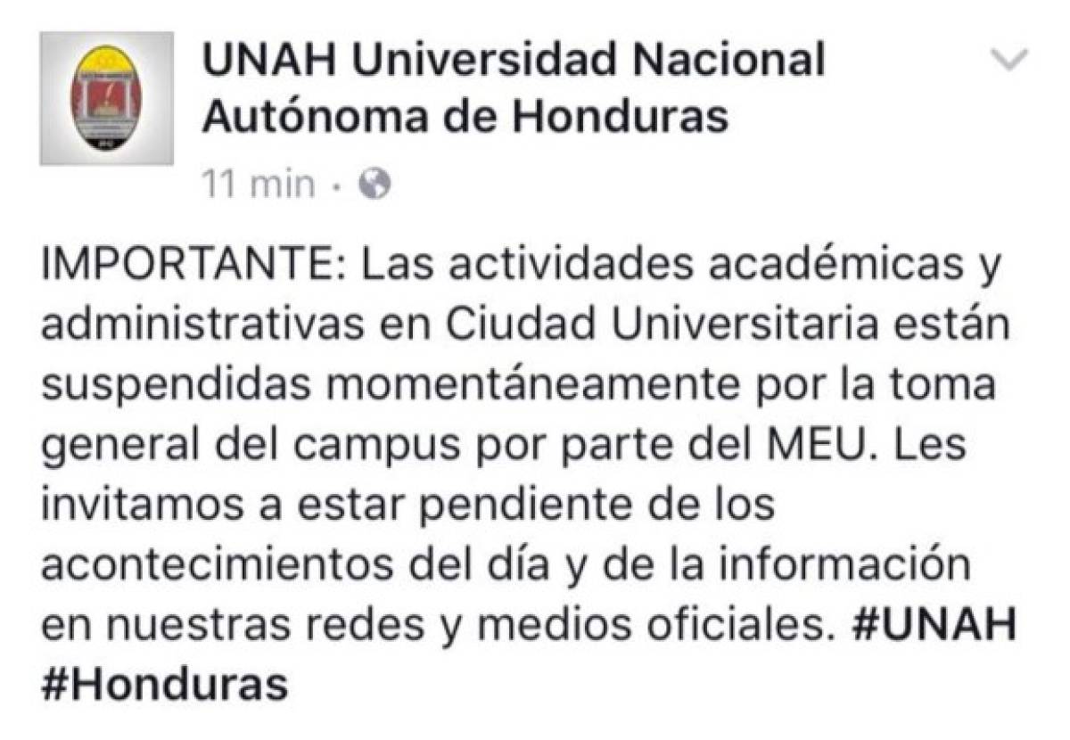 La UNAH anunció la suspensión de clases, pare este martes, en Ciudad Universitaria.