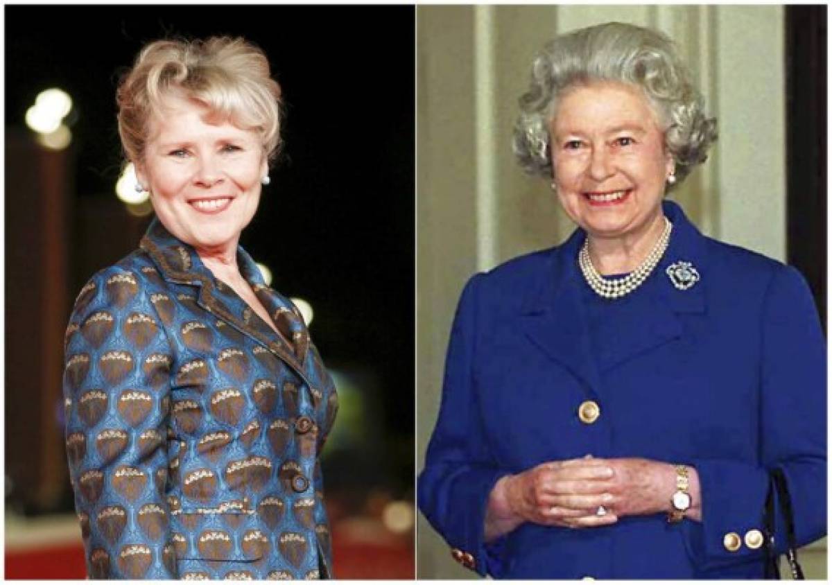 This combination photo shows actress Imelda Staunton on the red carpet for the movie 'Downton Abbey' at the Rome Film Fest in Rome on Oct. 19, 2019, left, and Britain's Queen Elizabeth II at Buckingham Palace in London on May 17, 1996. Staunton has been tapped to be the last actress to play the British monarch in the Netflix series 'The Crown.' She will take the crown in the fifth and final season of the series. (AP Photo)