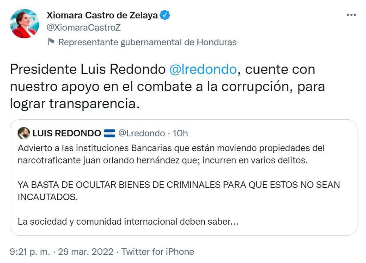 Xiomara Castro respalda advertencia de Luis Redondo a bancos por transacción de Ana García
