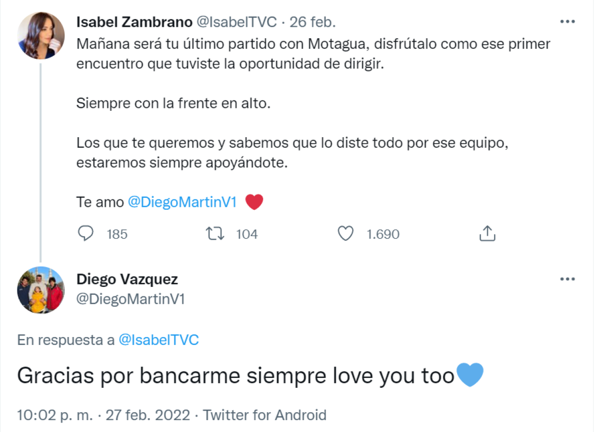 Diego Vázquez a Isabel Zambrano: “Gracias por bancarme siempre, también te amo”