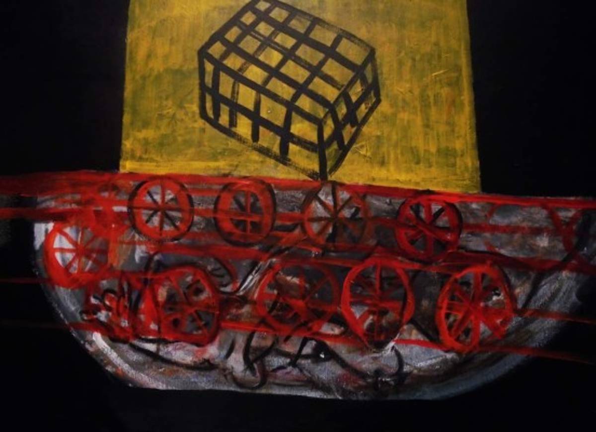 De la serie 'El sueño americano'Esta pieza nos hace recordar del dinamismo del futurismo italiano, un tren destroza los sueños de un migrante y adiciona como realidad paralela el referente de una jaula (prisión) que le sirve de contraste visual. FOTOS: Daniela Lozano