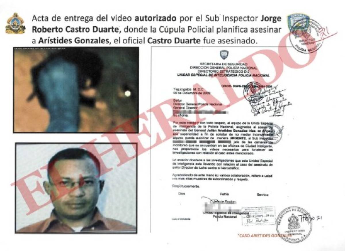 En diciembre de 2009 el subinspector Jorge Roberto Castro Duarte no puso ningún inconveniente para autorizar que se entregaran los videos que los investigadores buscaban para identificar a los supuestos autores intelectuales y materiales del asesinato de Julián Arístides González Irías.