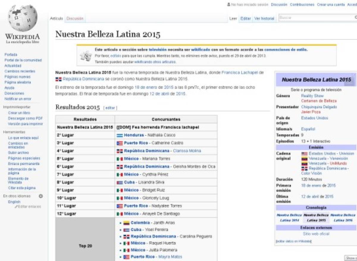 Wikipedia llama 'fea' a Francisca Lachapel