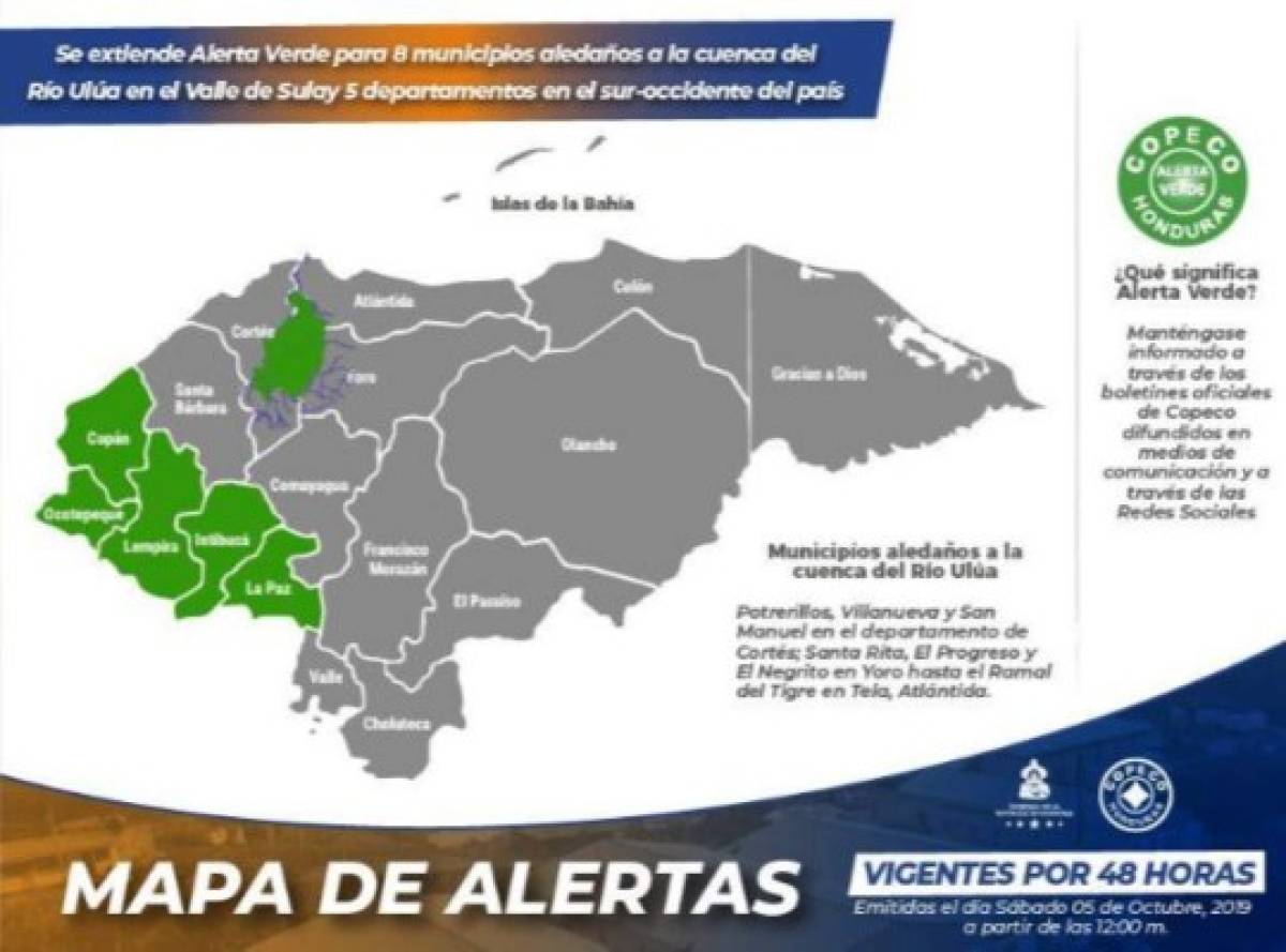 Copeco determinó extender Alerta Verde por 48 horas para Municipios Aledaños Río Ulúa a partir de las 12:00 del mediodía de hoy. Foto: Copeco Twitter.