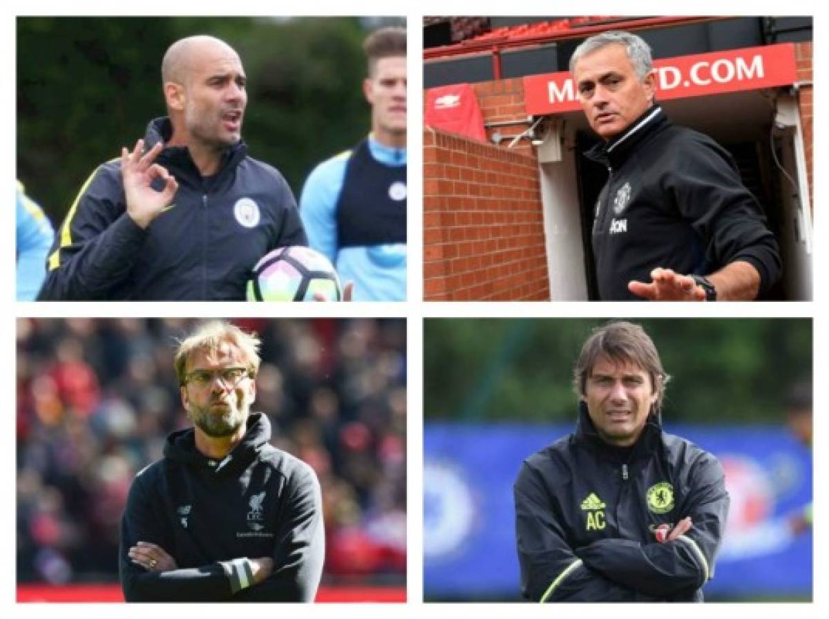 Pep Guardiola en el City, José Mourinho en el United, Jurgen Klopp en el Liverpool y Conté en el Chelsea.