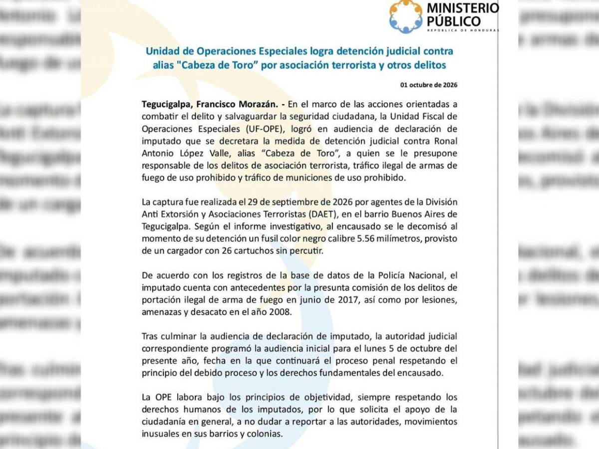 Dictan detención judicial a “Cabeza de Toro” tras captura en barrio Buenos Aires