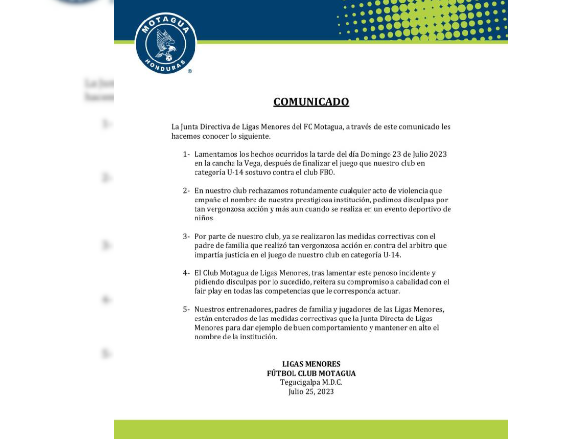 Comunicado del Motagua en su cuenta de twitter, tras el incidente.