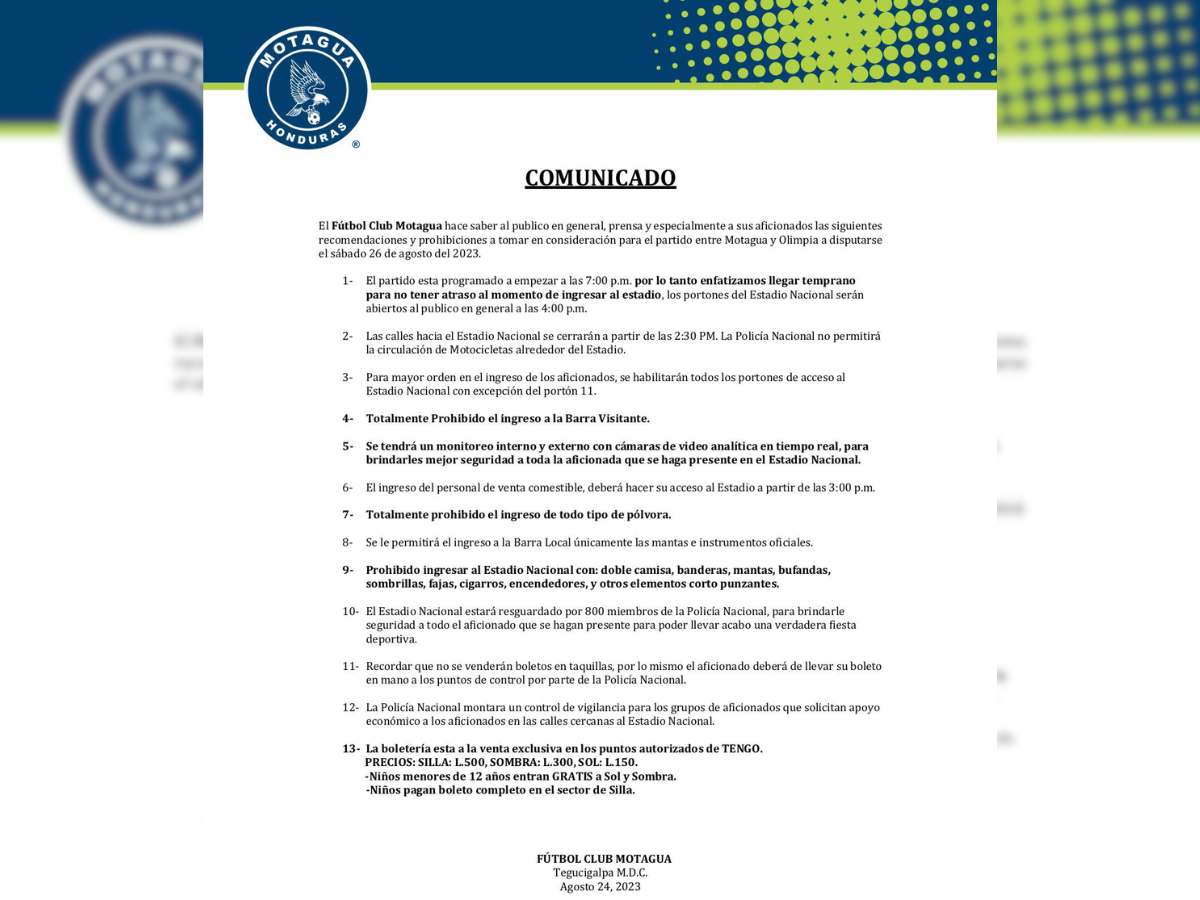 Las reglas establecidas para el clásico Motagua vs. Olimpia en el estadio Chelato Uclés.