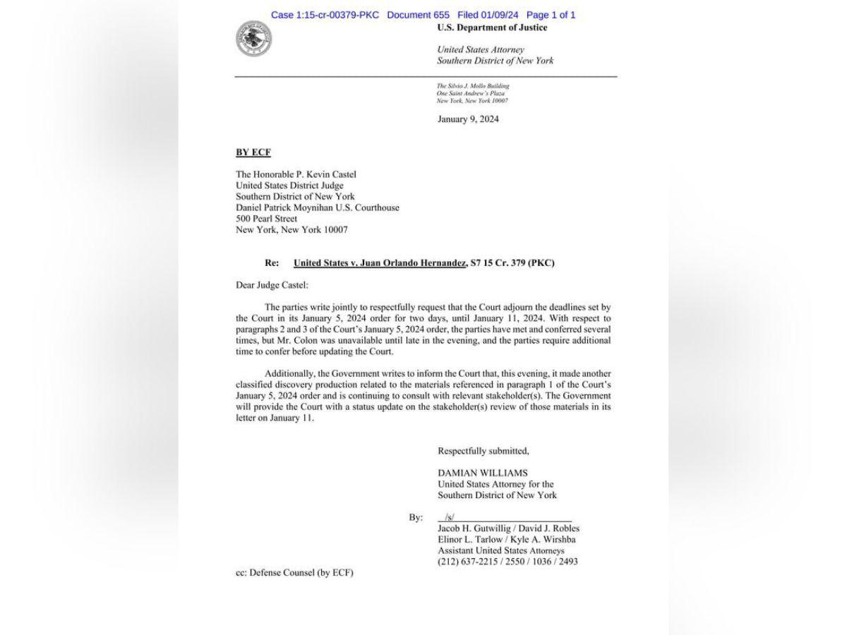 Documento que el gobierno de EUA envió a la Corte del Distrito Sur de Nueva York.