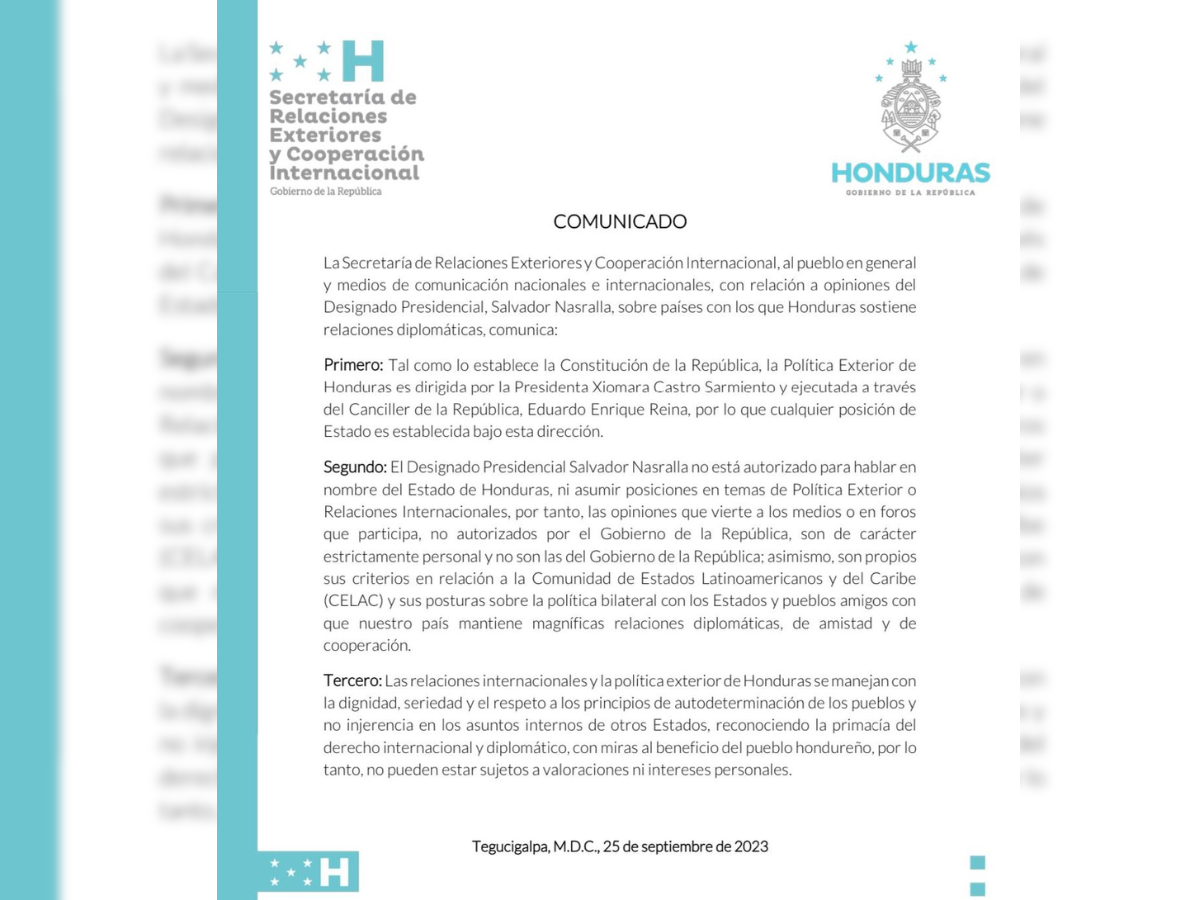Comunicado con relación a opiniones del Designado Presidencial, Salvador Nasralla.