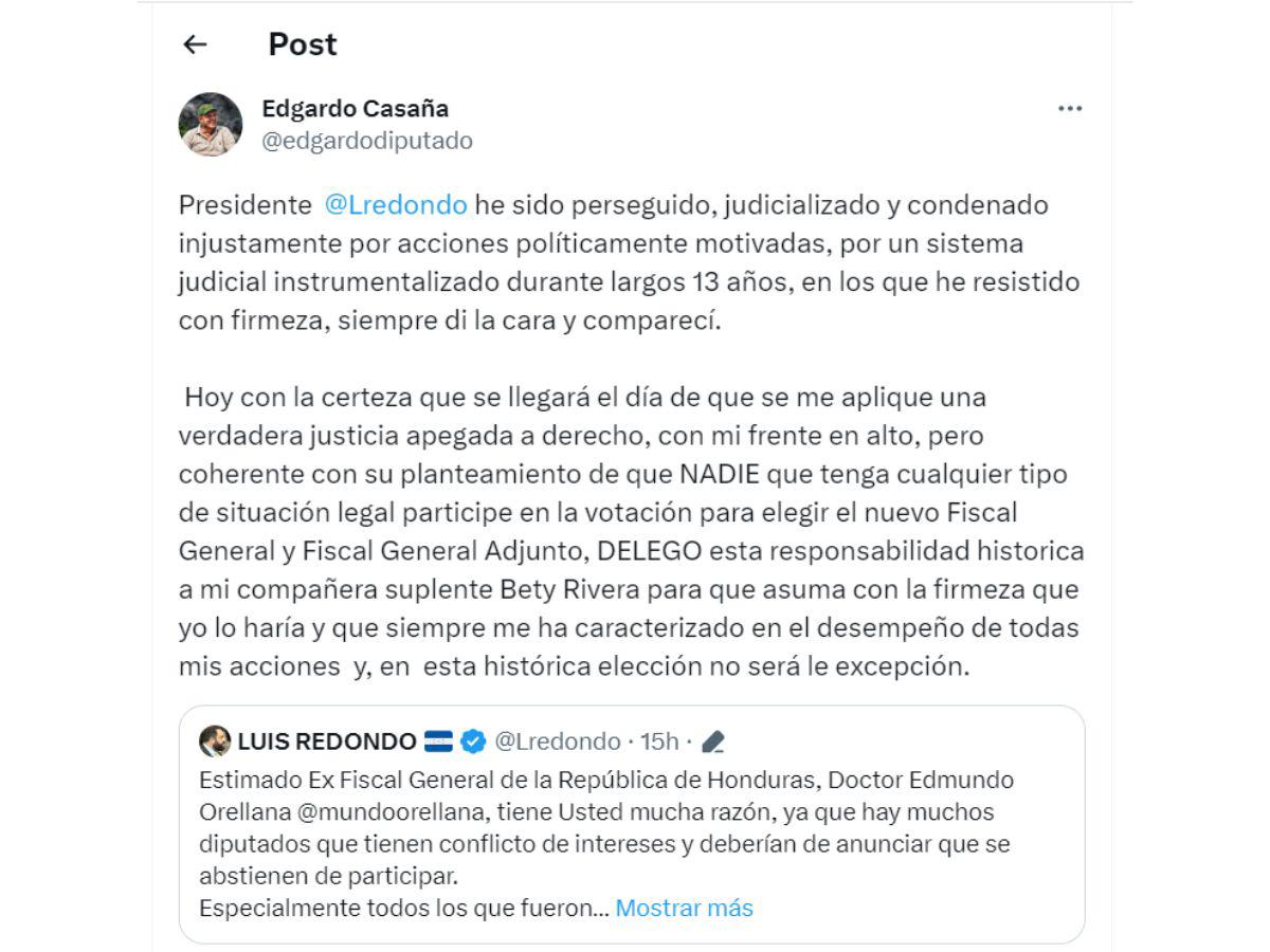 Edgardo Casaña cede su curul a su diputada suplente para la elección del fiscal