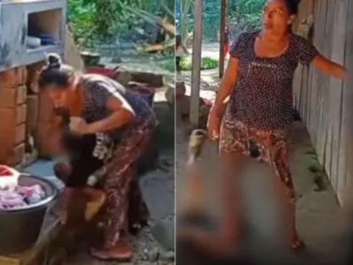 Le puso su pie sobre el cuello: madre es captada dando brutal golpiza a su pequeño hijo