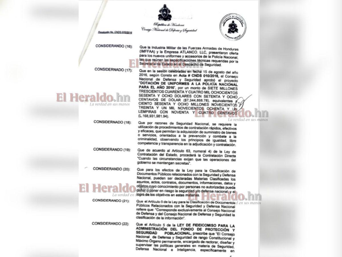 $!El 26 de agosto del 2016 el Consejo Nacional de Defensa y Seguridad mediante resolución 032-2016 ordena a la Tasa comprar más uniformes policiales por un valor de 7,344,858.78 dólares de este monto se firmó un contrato de 5.6 millones con la empresa Atlanco LLC.