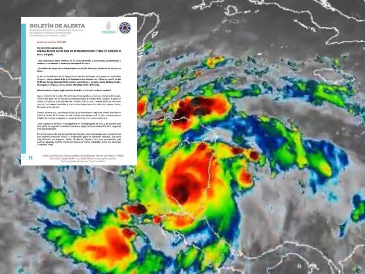 Declaran alerta roja para 10 departamentos de Honduras por amenaza de huracán Julia
