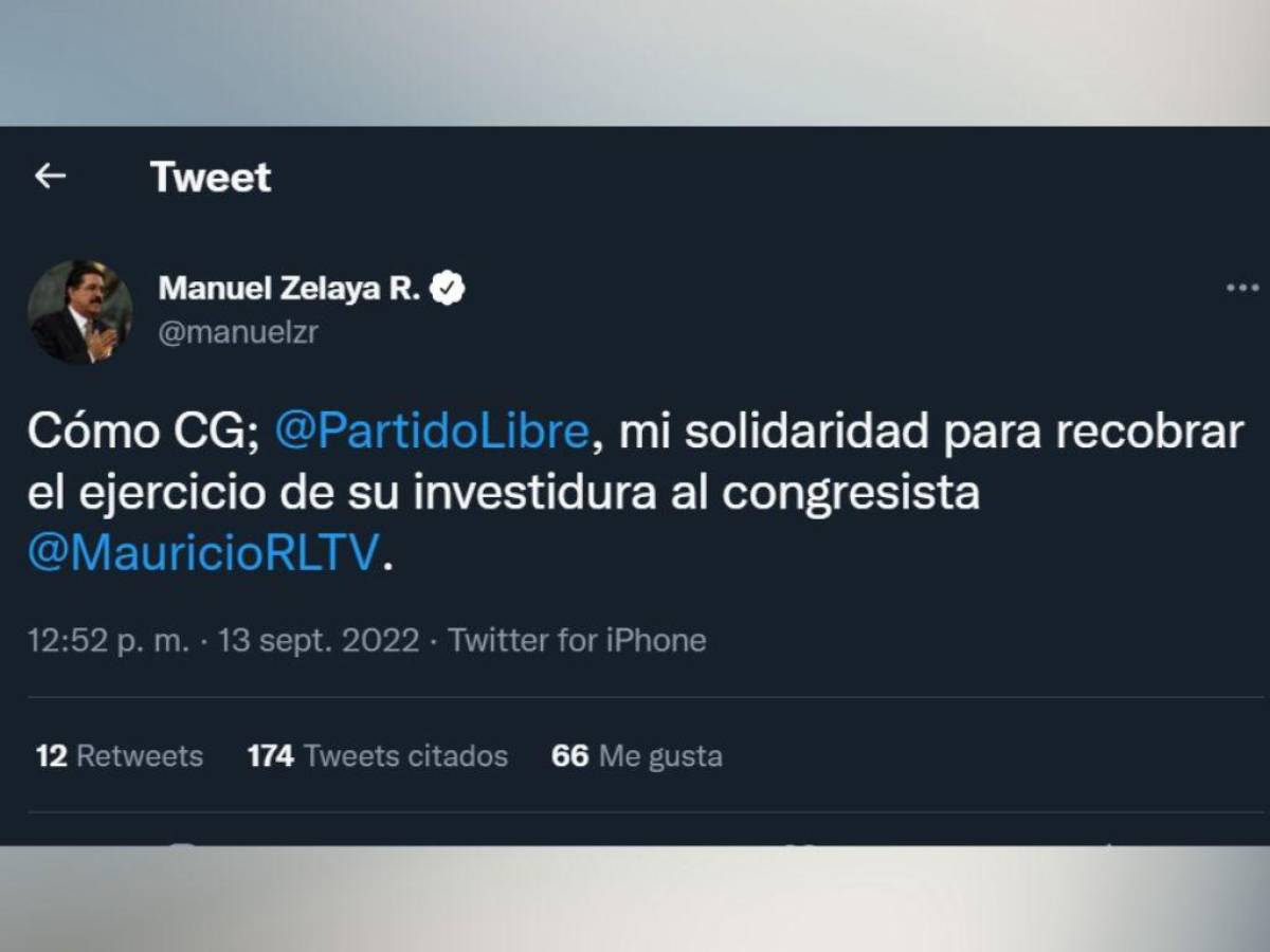 Manuel Zelaya a Mauricio Rivera: “Mi solidaridad para recobrar el ejercicio de su investidura”