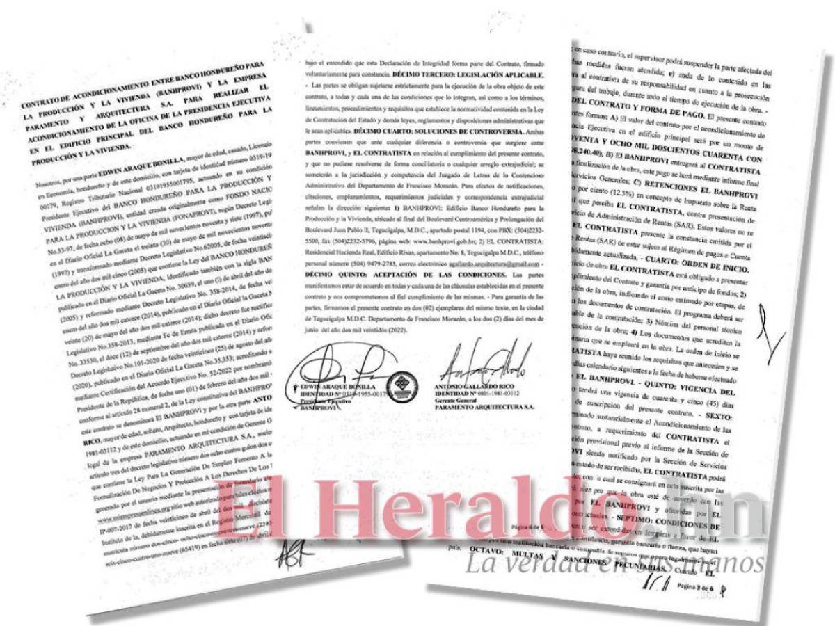 El contrato establece que los recursos se destinarán para remodelar la oficina presidencial de Banhprovi en Tegucigalpa.