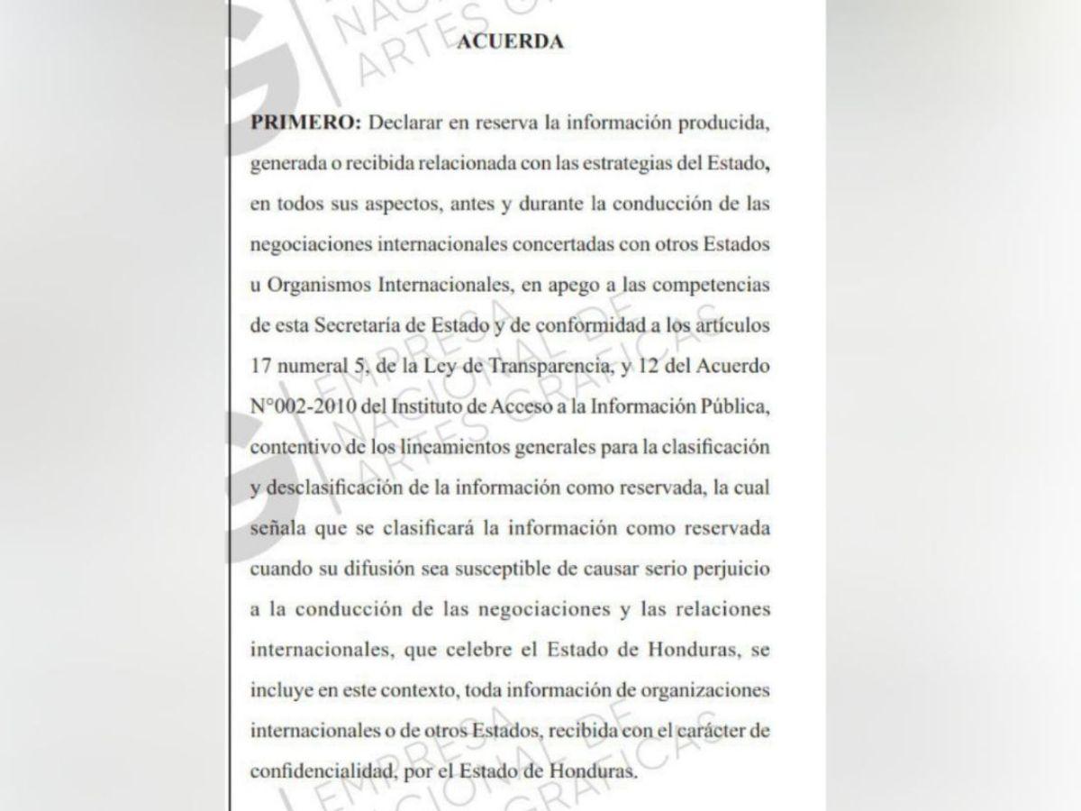 Honduras: declaran bajo reserva información sobre negociaciones internacionales