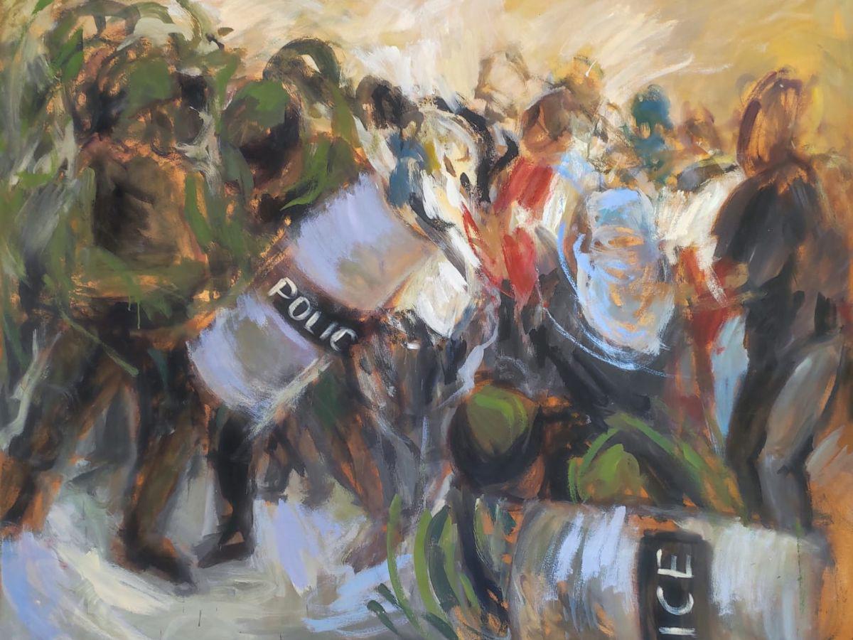 La confrontación del migrante con la Policía no solo es una denuncia, es a la vez un hermoso gesto pictórico.