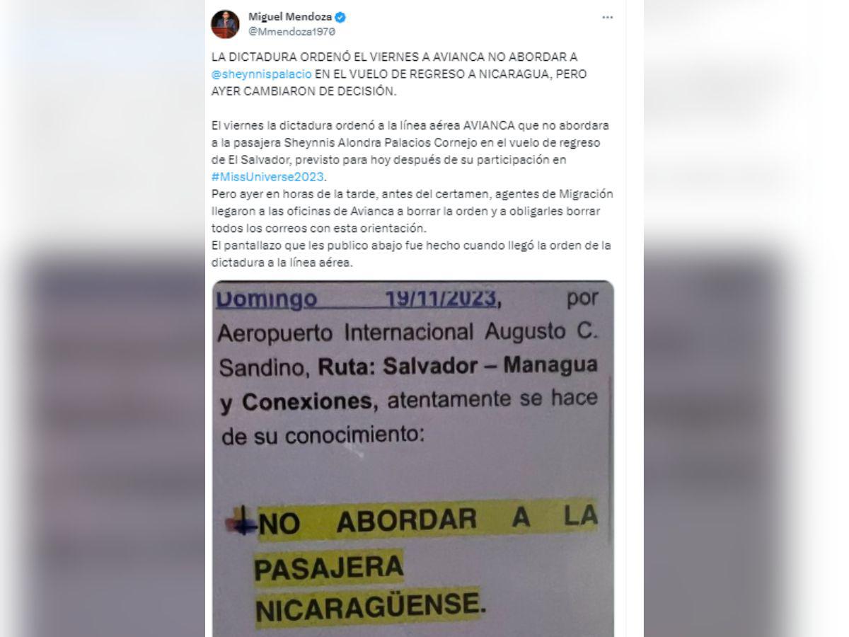 $!Publicación de Miguel Mendoza en X.