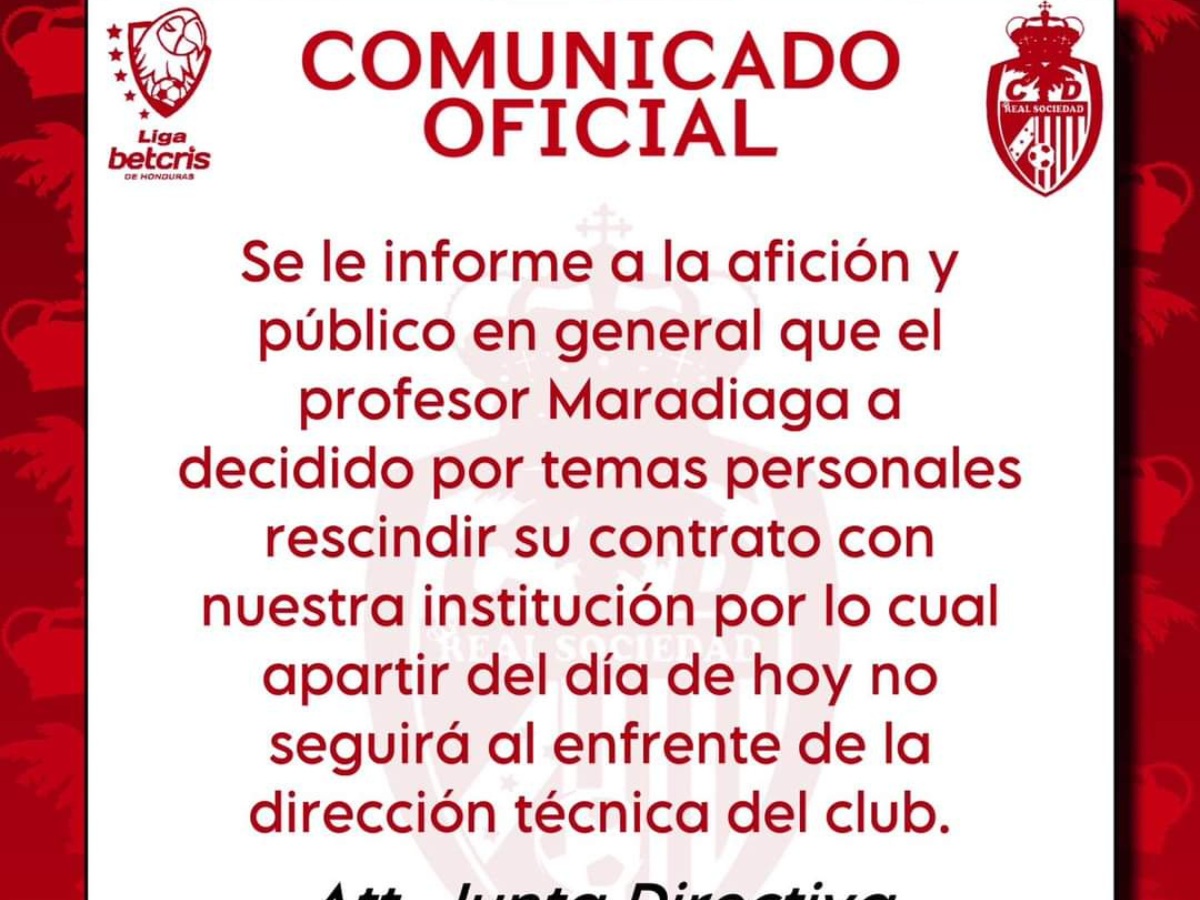 El comunicado oficial de la salida de Primitivo Maradiaga de la Real Sociedad de Tocoa.