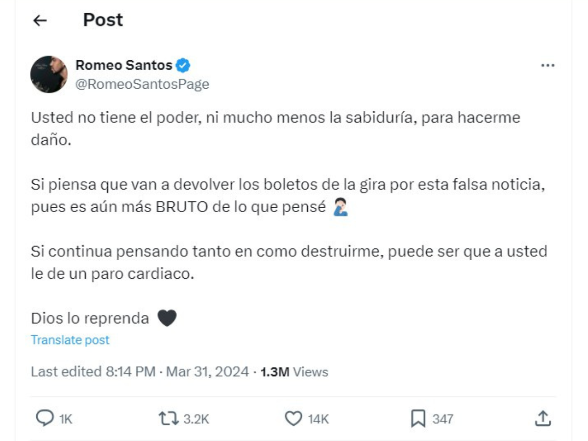 “Usted no tiene el poder para hacerme daño”: Romeo Santos desmiente noticia sobre infarto