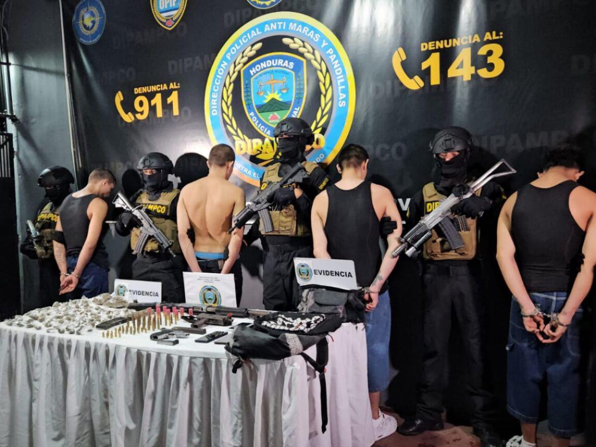 Cuatro cabecillas de la Pandilla 18 son capturados con armas de guerra y droga en Cortés
