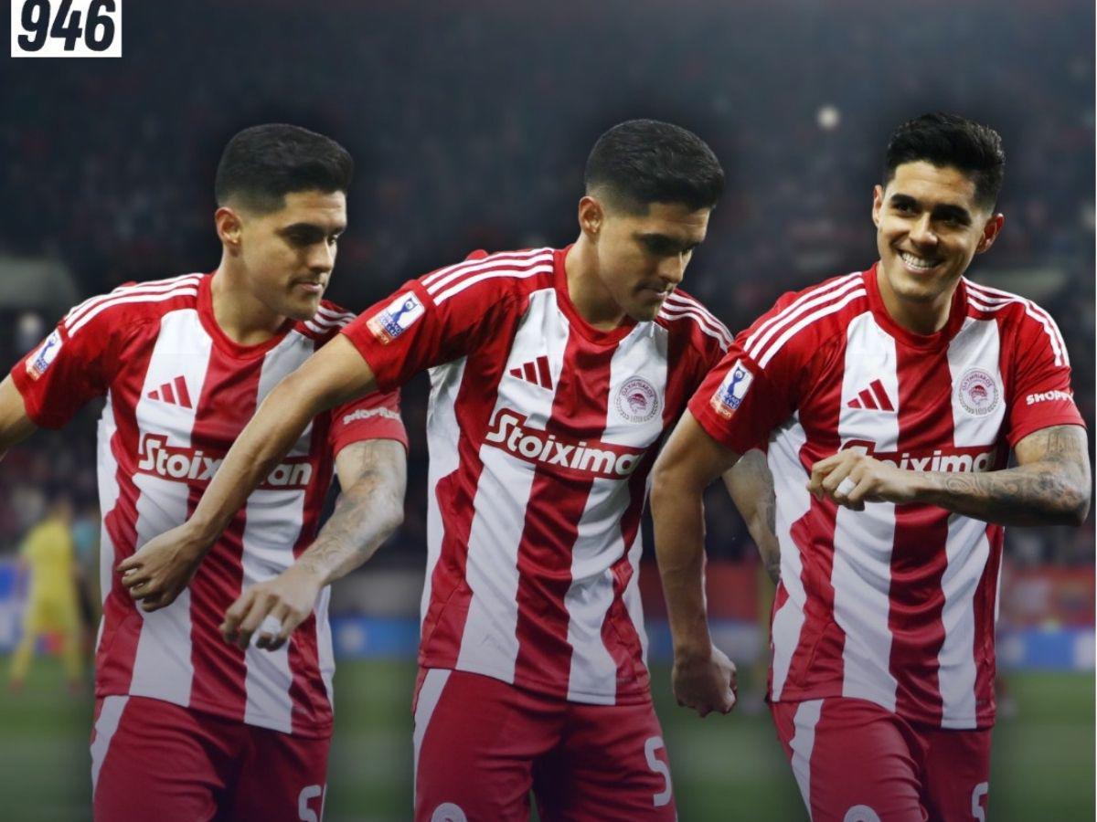 Luis Palma anota su primer gol con el Olympiacos y lo celebra frente a jugador mexicano