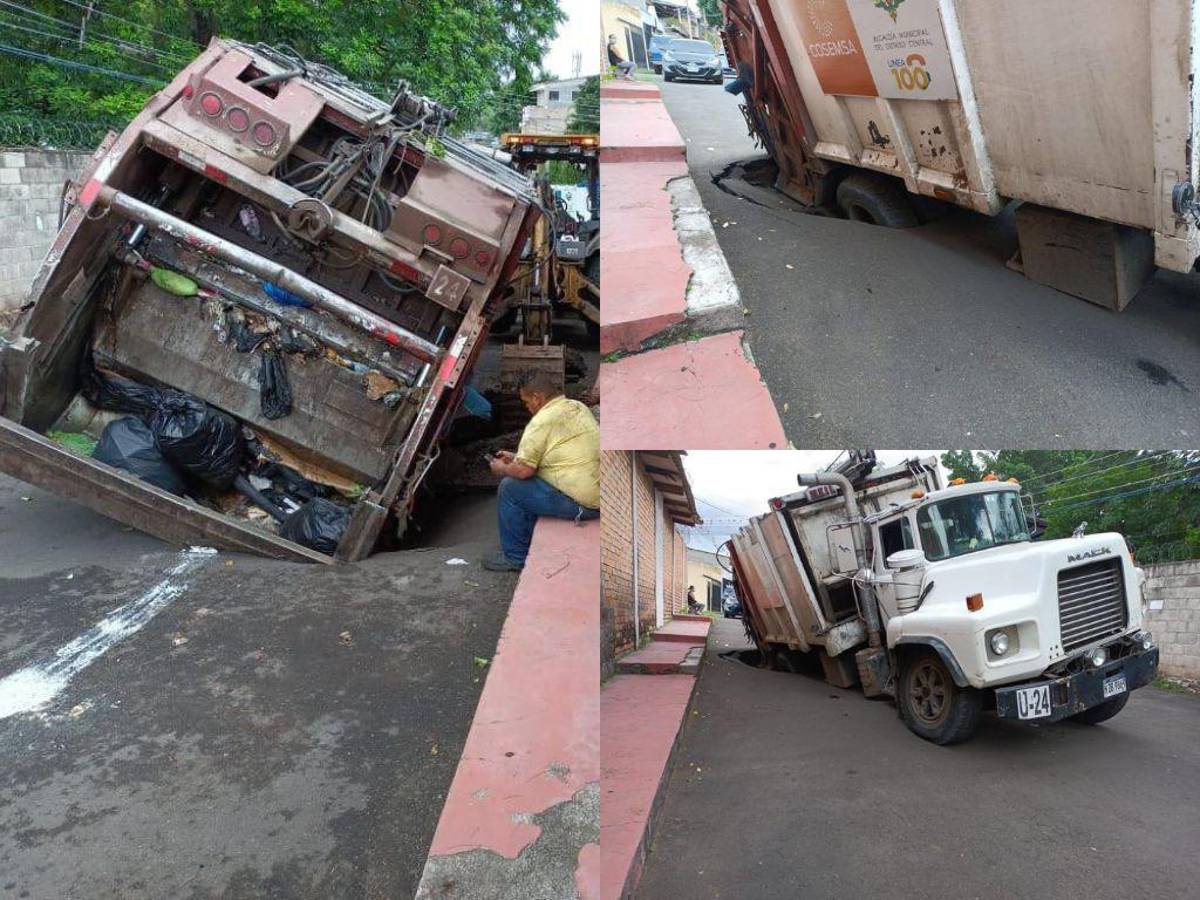 Se hunde pavimento en la colonia Miraflores; camión quedó atascado