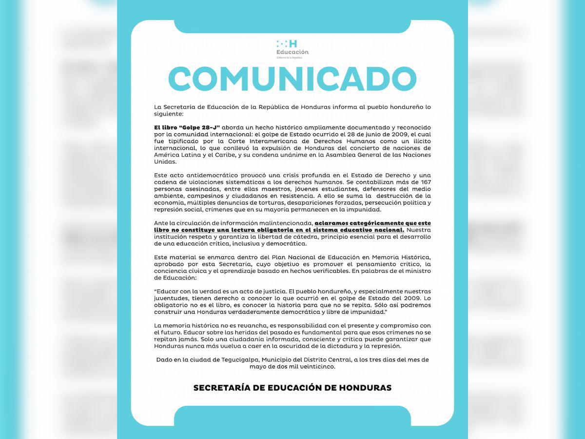 ¿Será o no obligatorio leer el libro El Golpe 28-J en las escuelas de Honduras?