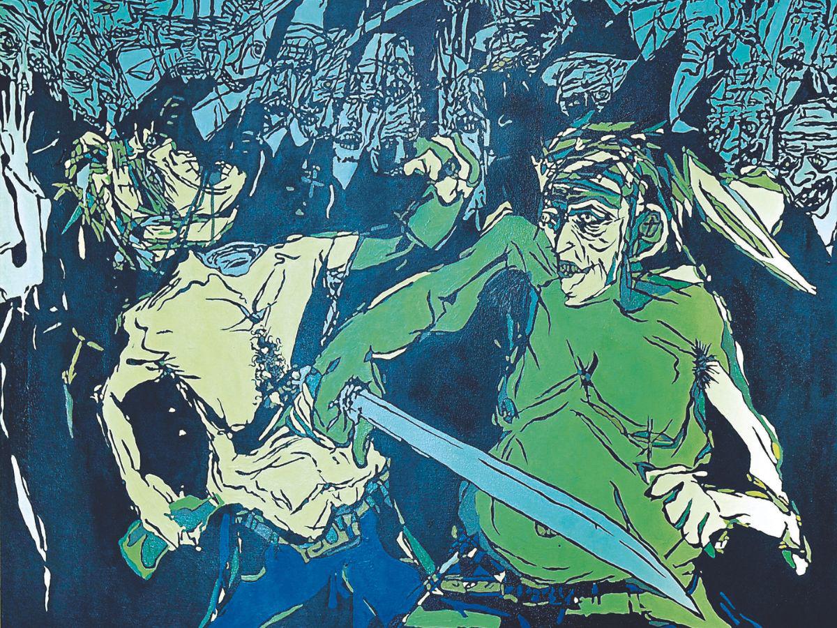 “Macheteados”. Extraordinaria ejecución en tonos verdes, esta obra establece un diálogo con “Hermano contra hermano”, de Pablo Zelaya Sierra.