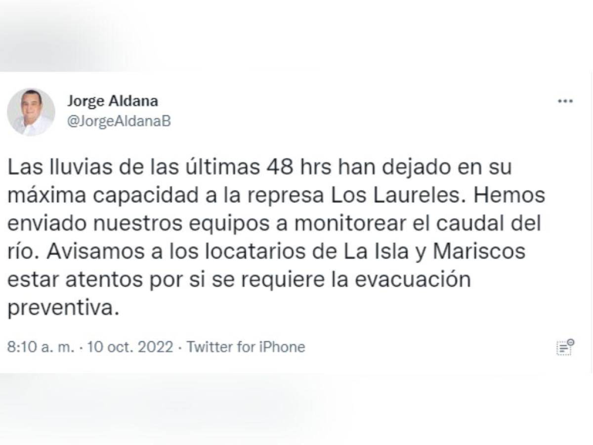 Represa Los Laureles llega a su máximo nivel; Alcaldía no descarta realizar descargas