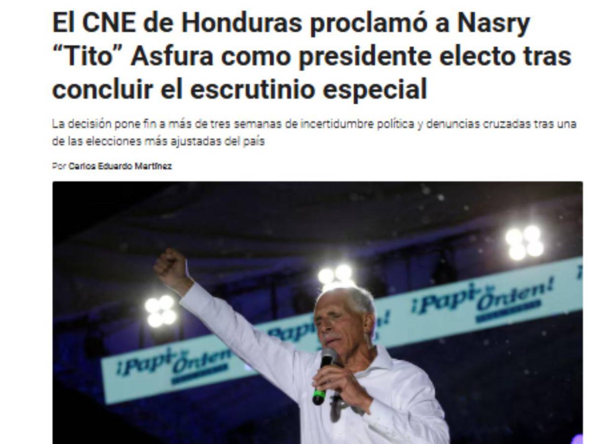 Medios internacionales informan al mundo sobre Nasry Asfura nuevo presidente electo de Honduras