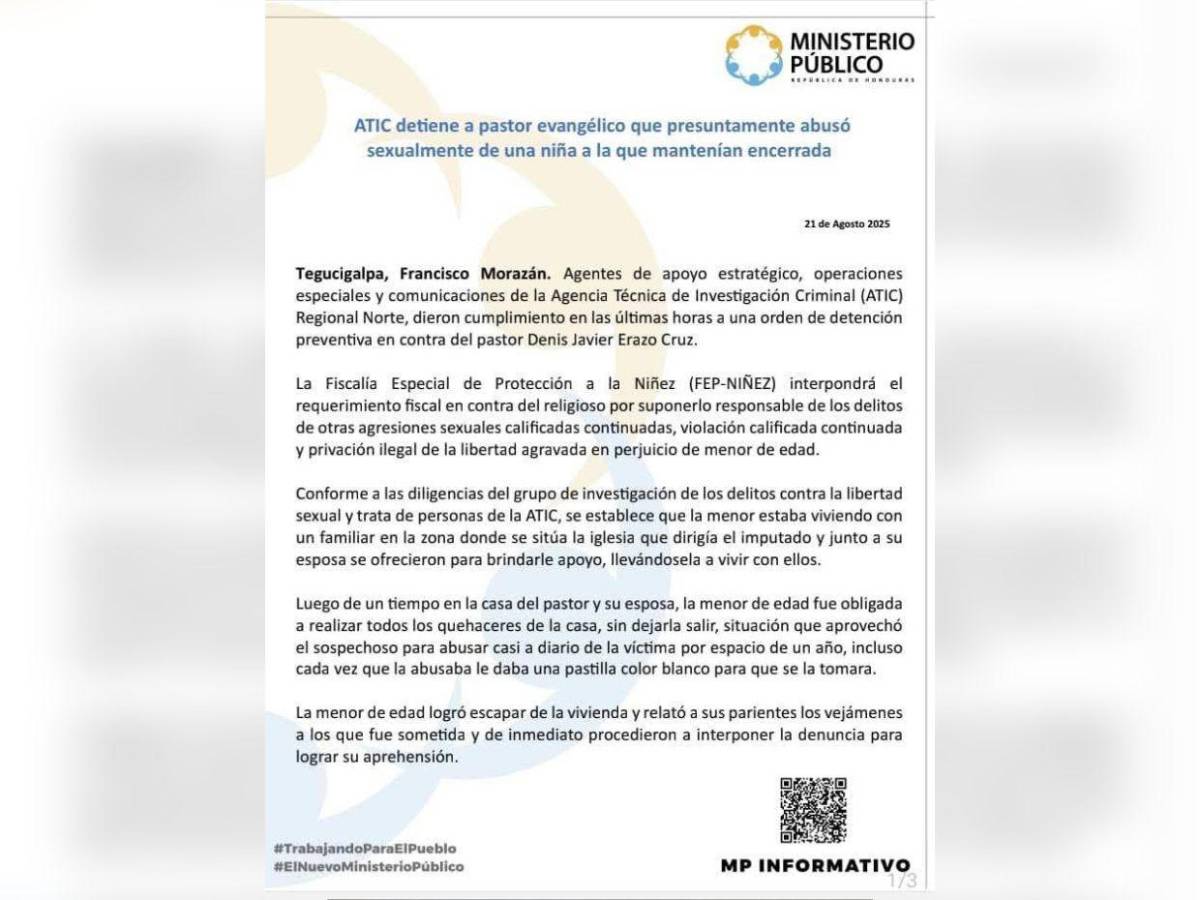 Pastor Denis Erazo ofreció ayuda a una menor, la encerró y abusó de ella en la capital