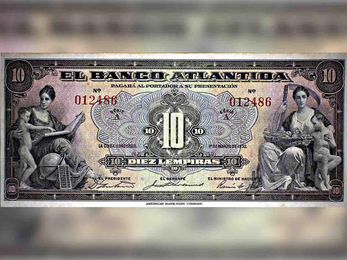 <i>Explorando el pasado: el billete de 10 lempiras de Banco Atlántida, emitido en sus primeros años de operación. Un testimonio tangible de su sólida trayectoria y contribución al desarrollo económico del país.</i>