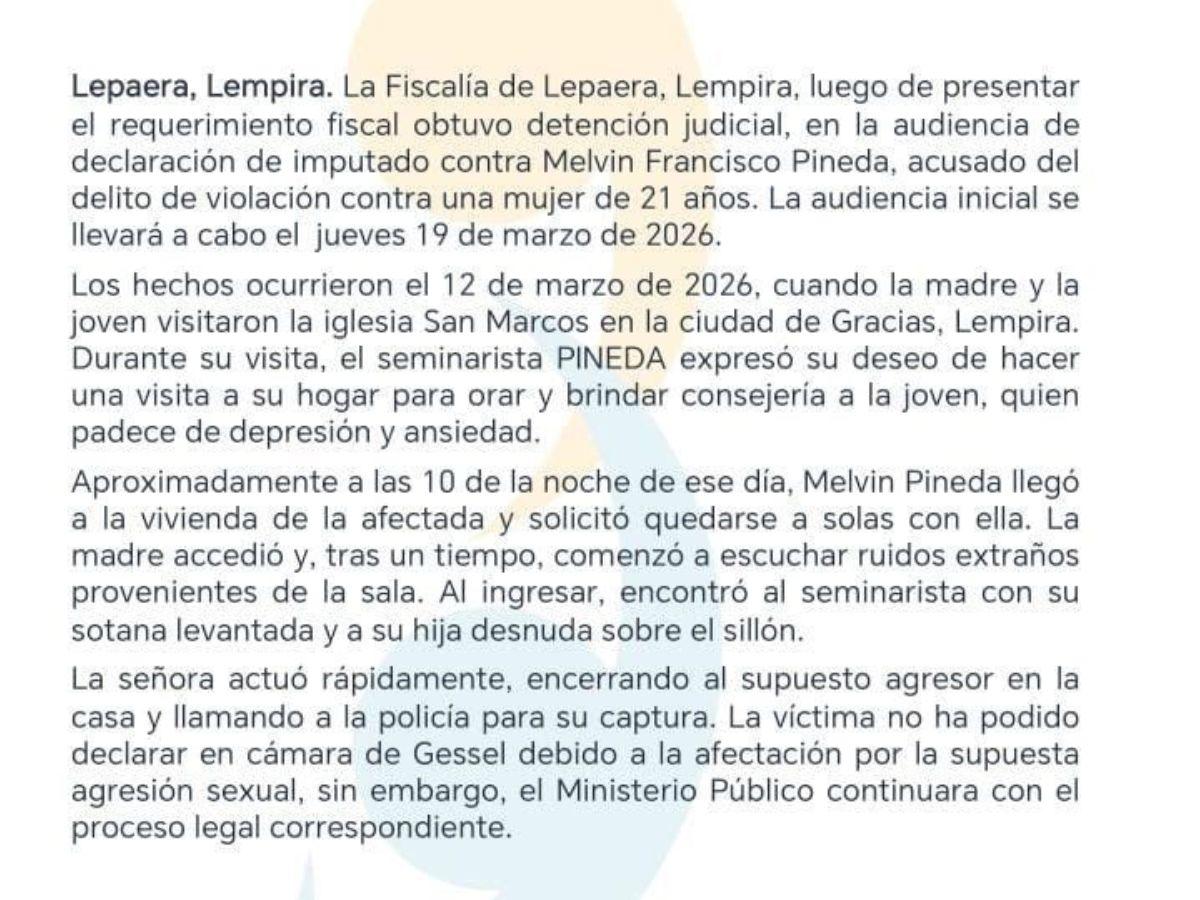 Fue encontrado con la sotana levantada: caso del seminarista Melvin Pineda, acusado de abuso