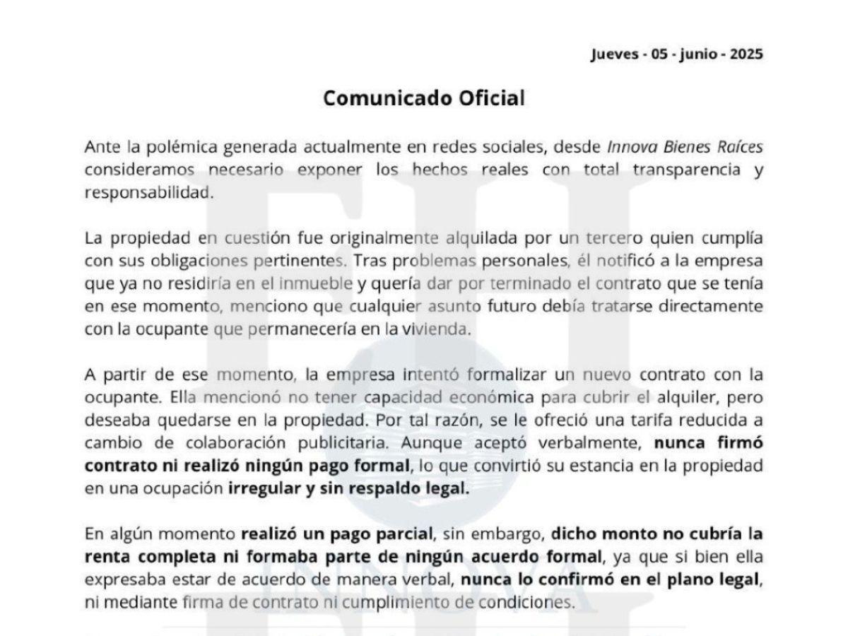 Alejandra Rubio admitió que no podía pagar, pero permaneció en la vivienda; inmobiliaria se pronuncia