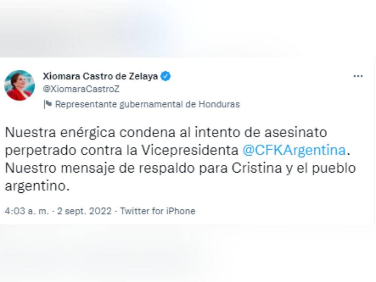 Xiomara Castro y otros líderes mundiales condenan atentado contra Cristina Kirchner