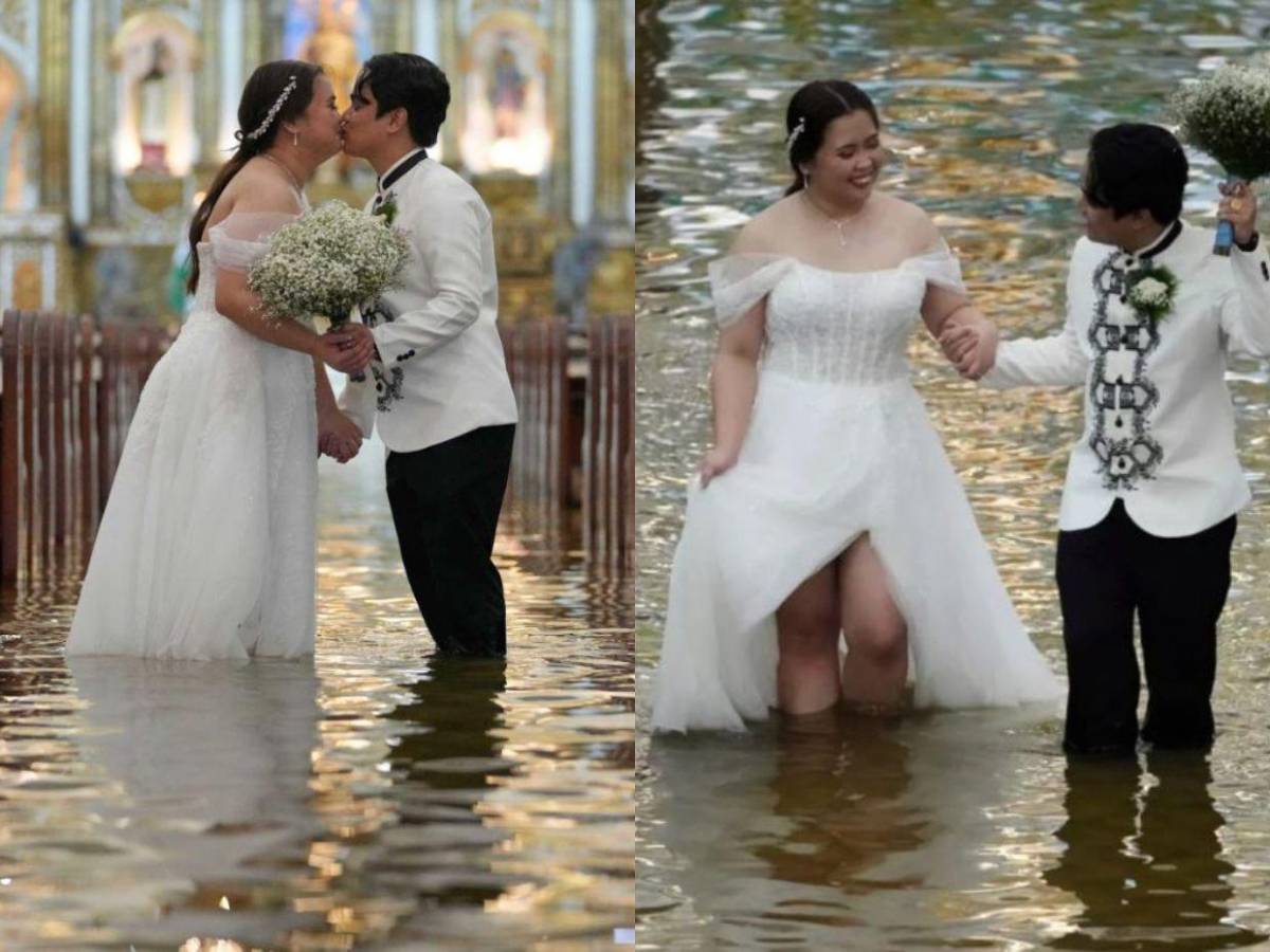 Sí, acepto: pareja se casa en iglesia inundada por tifón Wipha en Filipinas